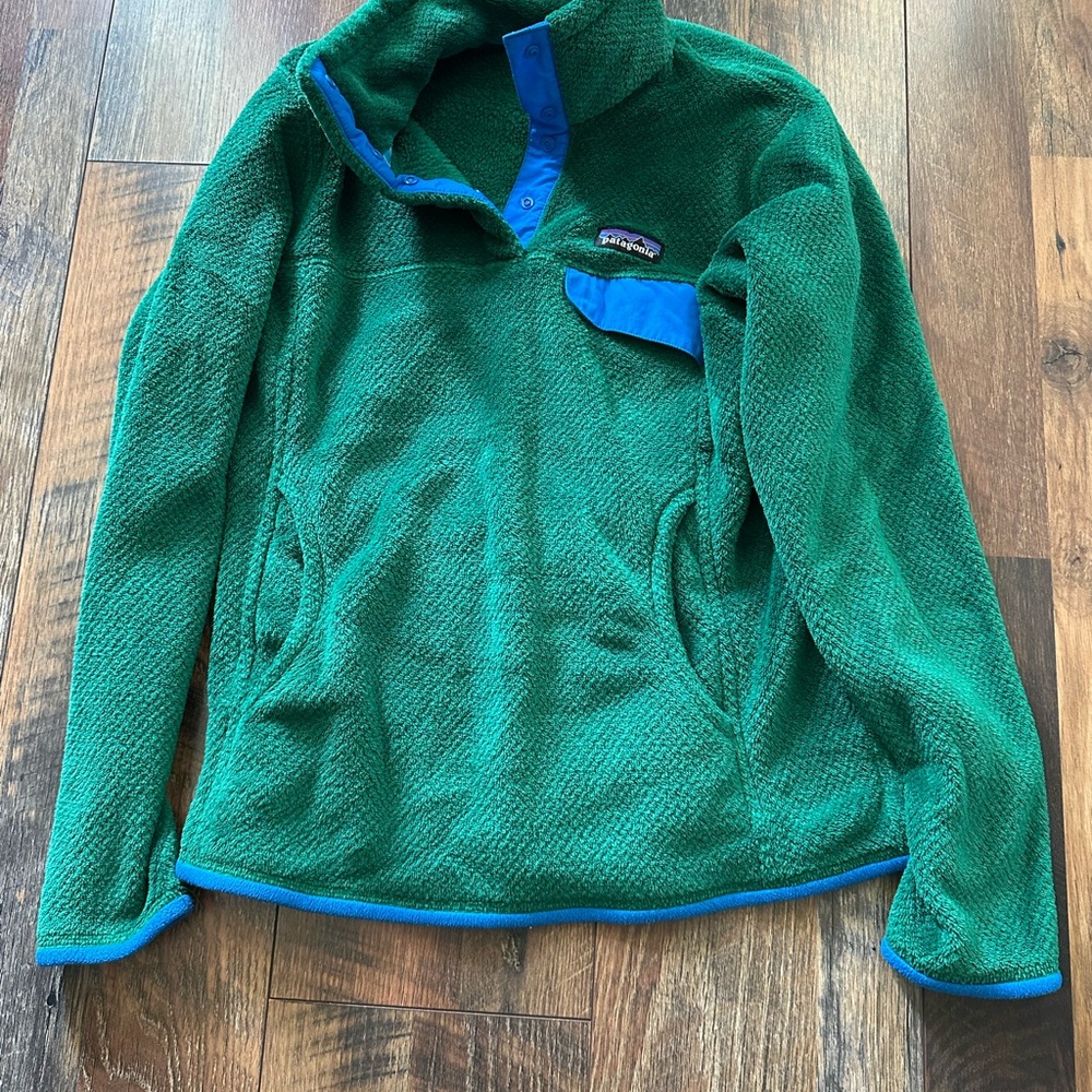 Patagonia Green Fleece Pullover with Bright Blue Trim
